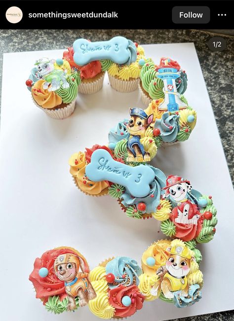 Number 3 Paw Patrol Cupcake Cake, Number 3 Paw Patrol Cake, 3 Cupcake Cake Number, Paw Patrol Desserts, Paw Patrol Number Cake, Paw Patrol Cupcake Cake, Cupcakes Paw Patrol, Paw Patrol Party Cake, Paw Patrol Birthday Party Cake