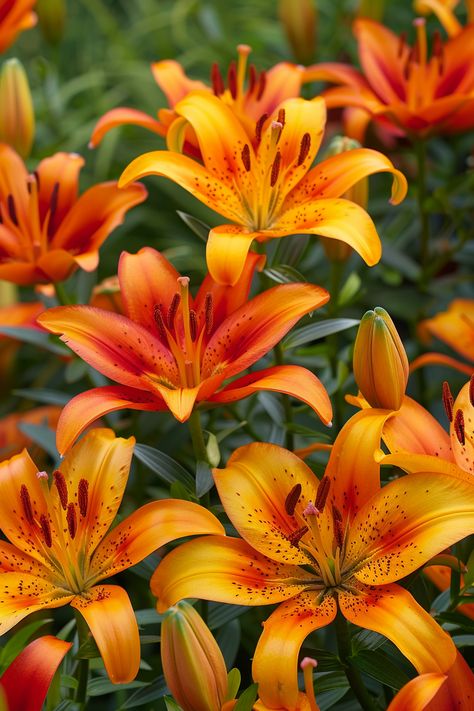 The Fire Lily dazzles with its fiery orange and red blooms that ignite any garden with intense color and drama. Symbolizing passion and vitality, it's a must-have for vibrant landscape designs.  Light: Full sun to partial shade. Water: Water thoroughly during growing season, allow to dry slightly between waterings. Soil: Well-drained, rich loam. Temperature: 60-75°F (16-24°C). Humidity: Moderate humidity. Fertilizer: Fertilize with a balanced fertilizer every 4-6 weeks during growing season.These striking flowers are great for cutting and make stunning floral arrangements.  #FireLily #FieryBlooms #VibrantGarden #FlowerAddict Red Tiger Lily, Glory Lily, Orange Lilies, Fire Lily, Boston Garden, Orange Lily, Vibrant Landscape, Potty Chair, Red Lily