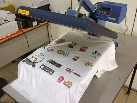 Heat printing (also known as thermal transfer printing, heat transfer printing, and thermal printing) refers to the use of heat to transfer an image or design from heat-applied materials to other objects known as substrates. Diy Graphic Tee, Heat Press Designs, Screen Printing Machine, Textile Projects, Heat Press Machine, Press Machine, Screenprinting, Printing Business, Textile Prints