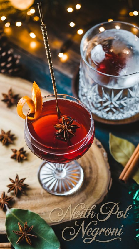 Mixing Negroni cocktail with spiced gin, Campari, sweet vermouth in festive setting with star anise, cinnamon, bay leaves, and North Pole Negroni text overlay. Campari Drinks, Negroni Cocktail Recipe, Campari Cocktail, Classic Negroni, Cozy Hot Drinks, Campari Cocktails, Energizing Smoothies, Negroni Cocktail, Sweet Vermouth