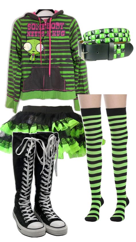 Green Scene Outfit, Scene Emo Fashion, Scene Clothing, Punk Style Outfits, Silly Clothes, Emo Scene Hair, Fashion 2000s, Outfits 2000s, Scene Outfits