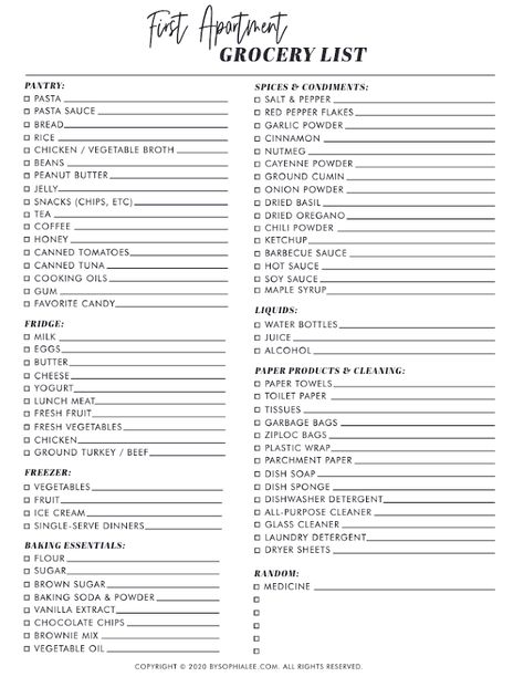 First Grocery List Apartments, First Apartment Checklist Grocery, Grocery List For New Apartment, Apartment Lists, First Apartment Grocery List, Apartment Grocery List, First Apartment List, New Apartment Checklist, First Home Essentials