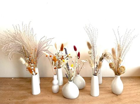 Small Boho Flower Arrangements, Small Dried Flower Arrangements Vase, Dried Flower Bud Vases, Mini Vases With Flowers, Dried Flower Table Arrangements, Non Flower Centerpieces Wedding, Small Dried Flower Arrangements, Dried Flower Arrangements Wedding, Mini Bouquet Wedding