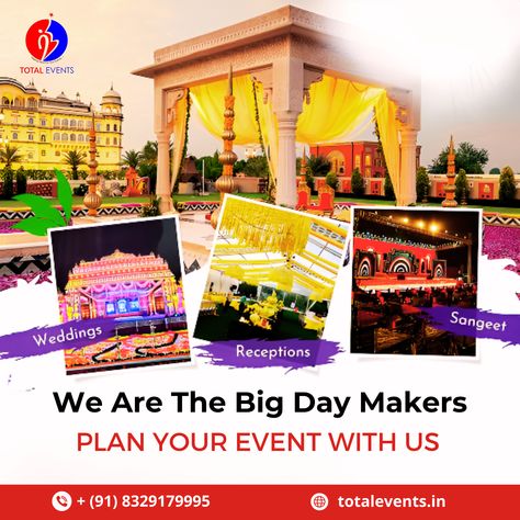 Are you looking to host a remarkable and unforgettable event? Whether you're organizing a wedding, a milestone celebration, a corporate conference or any other special occasion, our team of experienced and creative event planners is here to bring your vision to life. For More Info : Call on : +91 8329179995 Visit our Website : totalevents.in #totalevents #corporateevents #events #eventplanner #wedding #eventplanning #weddings #party #event #eventprofs #corporate #eventmanagement Corporate Conference, Bunting Wedding, Event Agency, Event Organizer, Creative Planner, Event Management Company, Creative Event, Wedding Hall, Ad Creative