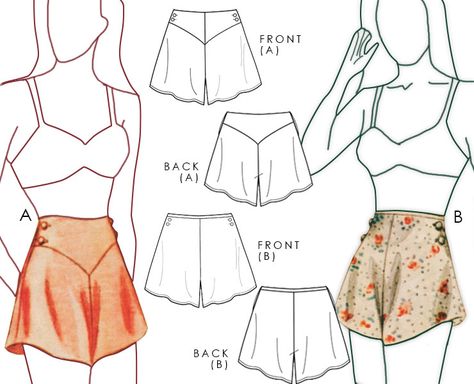 Sewing Pattern: 1930s vintage style French knickers with a touch of nostalgia. Features a side fastening and optional lace trim with a shaped yoke for added elegance. Enjoy the flair of flared legs with this classic design. Create your own timeless and stylish lingerie with this vintage-inspired pattern. #SewingPatterns #VintageFashion #FrenchKnickers #DIYFashion French Knicker Set, Panty Sewing Pattern, Flared Shorts Pattern, Sewing Patterns For Beginners Free, Pantie Pattern Free, Free Sewing Patterns For Beginners Woman, Sewing Pattern Lingerie, Shapewear Sewing Pattern, Vintage Clothes Sewing Patterns