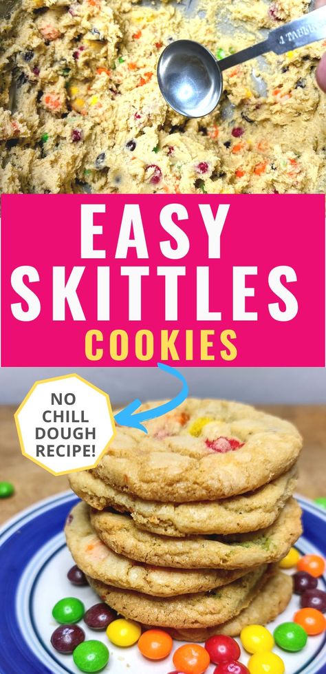 These skittles cookies are bright and rainbow colored. The colorful skittle candy pieces get melty and delicious when baked in this soft and chewy cookie. This is a no chill dough recipe, so it is super quick and easy to make. Skittle Cookies, Skittles Dessert, Skittles Cookies, Cookies For Kids To Make, Skittles Recipes, Colorful Cookies, Cooking Stuff, Rainbow Cookies, Diy Desserts