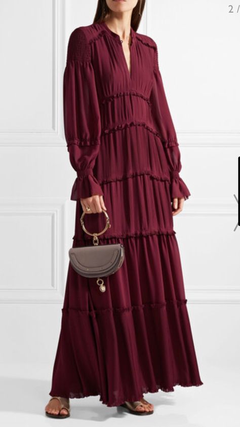 Modest Party Dress, Satin Blouse Outfit, Burgundy Maxi Dress, Stella Dress, Designer Maxi Dress, Trendy Dress Outfits, Pleated Chiffon, Gowns With Sleeves, Chiffon Maxi