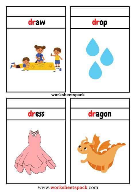 Free Dr Blend Words with Pictures, Dr Consonant Blend Flashcards - worksheetspack Consonants Blends, Flashcards For Kindergarten, Phonics Posters, Printable Flashcards, Blending Sounds, Consonant Blends, Blend Words, Barbie Logo, Phonics Lessons