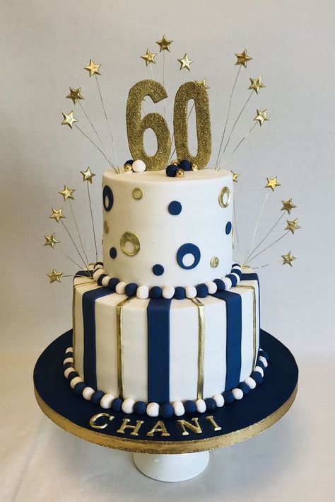 2 tier Navy & Gold 60th Birthday cake 1 Tier Birthday Cake, Gold 60th Birthday Cake, 80th Birthday Cake For Men, Cake 60th Birthday, 60 Th Birthday, 60th Birthday Cake For Men, 60th Birthday Ideas For Dad, 50th Birthday Cakes For Men, Birthday Cake For Men