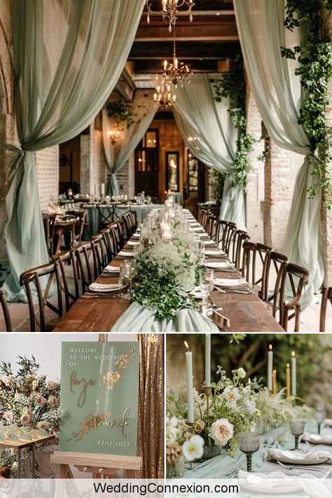 When it comes to choosing a color scheme for your wedding decor, one timeless and elegant choice that is making a big statement in the wedding world right now is sage green. This sophisticated hue evokes a sense of nature, freshness, and harmony, making it a perfect fit for a romantic and enchanting wedding decor. Get ready to fall in love and discover why sage green is the perfect choice for your wedding at WeddingConnexion.com. Wedding Reception Sage Green, Dream Wedding Sage Green, Green Wedding Theme Outdoor, Sage And Wood Wedding, Pastel Green Wedding Decor, Green Scheme Wedding, Sage Garden Wedding, Wedding Decor Sage Green And Gold, Sage Wedding Scheme