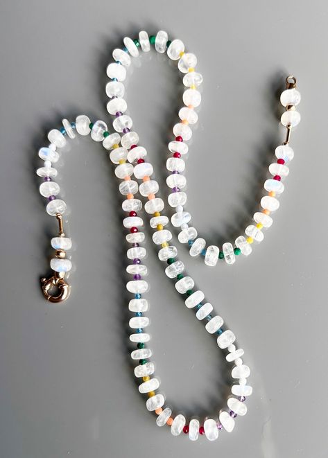 this ever-popular necklace is versatile and perfect for adding a special touch to any look; layer it with chains and pendants to construct a custom aesthetic. moonstone with 14k gold findings and stones such as opal, chrysoprase, ruby, jade, malachite, London Blue Quartz, turquoise, aquamarine, sapphire, and quartz lend a co...#the #Style #Exploring #Jewelry #of #Fashion #JewelryLovers #the #JewelryAddict #Accessories #Treasures #of #Natures #Unveiling #JewelryDesign #Allure #Beauty #Gemstone Custom Necklace Ideas, Gemstone Bead Jewelry, Jewels Aesthetic, Rondelle Necklace, Beading Necklace, Stone Bead Jewelry, Popular Necklaces, Diy Bracelets Tutorials, Natural Gemstone Necklace