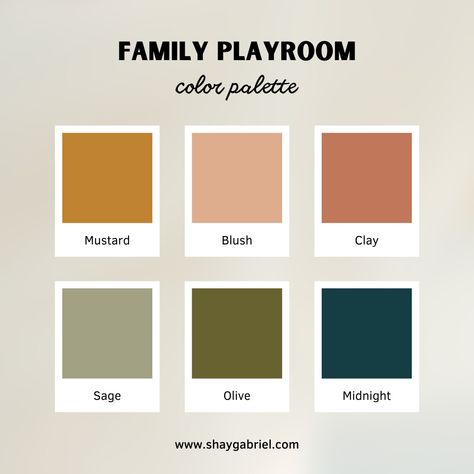 A modern, earthy color palette for a blended family room + playroom design featuring mustard, blush, clay, sage, olive & midnight tones Muted Color Playroom, Boho Playroom Paint Colors, Basement Playroom Color Scheme, Colors For Playroom, Fun Playroom Paint Colors, Playroom Color Palette, Playroom Color Scheme, Neutral Baby Colors, Green Playroom