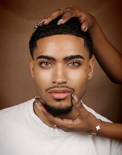 Goatee And Mustache Style Black Men, Men With Long Lashes, Stubble Beard Black Men, Straight Eyebrows Men, Black Man Makeup, Guys With Big Eyes, Thick Eyebrows Men, Male Makeup Natural, Goatee Styles Black Men