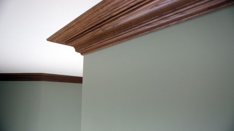 Custom red oak crown molding. Color Crown Molding, Stained Crown Molding, Oak Crown Molding, Crown Molding Ideas, Wood Crown, Wood Crown Molding, Molding Ideas, Cathedral Ceilings, Office Color