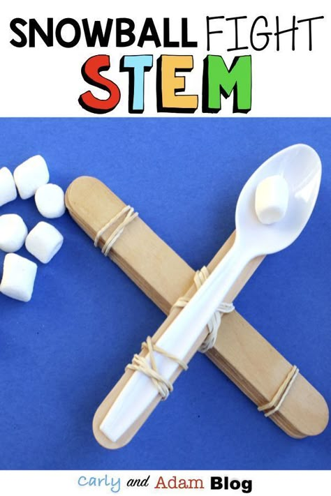 12 Days of Christmas STEM (Snowball Fight Catapult STEM Activity): One of our favorite ways to increase student engagement during the craziness of the holidays is with STEM. To make it easy for teachers to implement STEM during this busy time in the classroom, we have compiled a list of 12 Days of Christmas STEM activities. Our Day 12 activity is to build a catapult to launch a snowball (marshmallow). #christmasactivities #christmasstem Marshmallow Stem Challenge, Stem For Elementary Students, Marshmallow Activities For Kids, Catapult Stem Challenge, Stem Snowman, Build A Catapult, Holiday Stem Activities, Winter Stem Challenges, Christmas Stem Activities