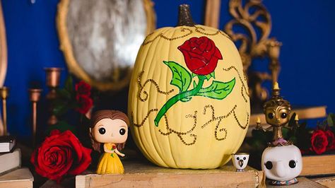 Disney Pumpkin Ideas: Belle, Maleficent and Cinderella Pumpkin Painting Beauty And The Beast, Beauty And The Beast Pumpkins Painting, Beauty And The Beast Pumpkins, Pumpkin Painting Disney, Pumpkin Cravings Ideas, Disney Pumpkin Ideas, Trick Or Treat Station, Princess Pumpkins, Painting Pumpkin Ideas