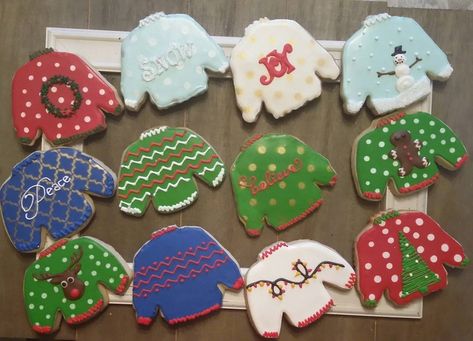 Christmas Sweater Cookies, Ugly Christmas Sweater Cake, Sweater Cake, Ugly Christmas Sweater Cookies, Sweater Cookies, Ugly Sweater Cookie, Christmas Sugar Cookies Decorated, Butter Sugar Cookies, Leaf Cookies