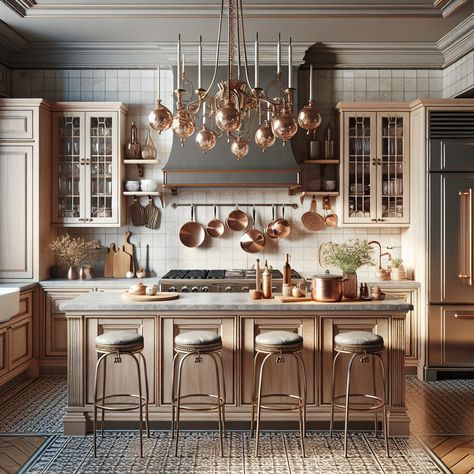 Create a highly detailed and realistic image of a kitchen with modern French design influence. Hang a small pot rack filled with gleaming copper cookware for a traditional touch. Elements like tiled flooring, a vintage stove range, and a french door fridge should be integrated. The color palette should lean towards light and neutral tones to evoke a sense of warmth and sophistication. White Kitchen With Copper Accents, Copper Pots And Pans Display, Copper Hardware Kitchen, Copper Interior Design, Kitchen With Copper Accents, Mixed Metal Kitchen, Copper Fixtures, Romantic Kitchen, Timeless Kitchen