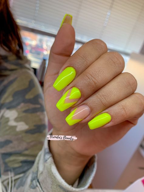 Neon nails, neon outline, nude nails, coffin nails, long nail ideas, coffin nail ideas,summer nails, nail art, nail designs, acrylic nails, acrylic nails with accent nail, accent nail, nude nails with simple art, simple art,   #brendasbeautylounge Gel Nail Designs Neon, Bright Yellow Nails Design, Coffin Acrylic Nails Bright, Neon Green French Tip Nails Coffin, Neon Spring Nail Designs, Nails Acrylic Outline, Teal And Neon Yellow Nails, Neon Yellow Nails With Design, Nude Nails With Neon Design