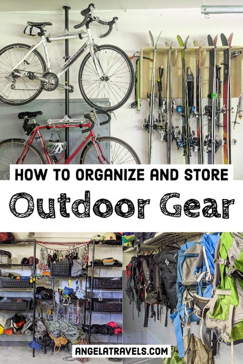 Organize Fishing Gear, Garage Gear Wall, Bike And Ski Storage Garage, Camping Garage Storage, Beach Gear Storage Garage, Basement Gear Storage, Sports Gear Storage Garage, Ski Gear Storage Ideas, Outdoor Gear Storage Garage