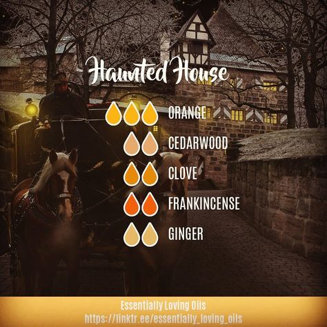 Haunted House - Diffuser Blend . ‘I like to say I believe in ghosts so I don't get haunted by one.”- Ella Henderson . * Aromatic Profile: Spicy 54.5%, Resinous 18.2%, Woody 18.2%, Citrus 9.1% * Emotion: Neutral . Click the link in my bio @essentially_loving_oils to purchase a diffuser, Essential Oils, or any of our products. . Contact me with any questions, or to find out how to join my team and save up to 55% with a Wholesale Membership! . Message me with any questions! Diy Diffuser Blends, Fall Essential Oils, Essential Oil Combinations, Essential Oil Diffuser Blends Recipes, Ginger Essential Oil, Essential Oil Diffuser Recipes, Oil Diffuser Recipes, Essential Oil Mixes, Essential Oil Blends Recipes