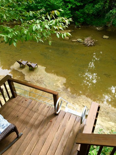 ❤️view from top of deck looking down to creek bed River Deck Design, Deck Over Creek, Creek Dock, Small Landscape Design, River Dock, Swimming Pool Pond, Landscape Design Ideas, Raised Deck, Small Landscape