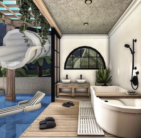 Color Schemes For The Home Bloxburg, Coastal Bathroom Bloxburg Ideas, Bloxburg Summer Builds, Bloxburg Boho House Exterior, Costal Bloxburg House Layout, Bloxburg Exterior Ideas Modern, Costal Bathroom Bloxburg, Bloxburg Coastal Interior, Summer House Bloxburg