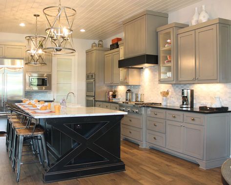 kitchen with black island and gray perimeter cabinets Grey Kitchen Island, Black Island, Dark Grey Kitchen, Black Kitchen Island, Gray And White Kitchen, Rustic Kitchen Cabinets, Blue Kitchen Cabinets, Oak Kitchen Cabinets, Shaker Style Kitchens