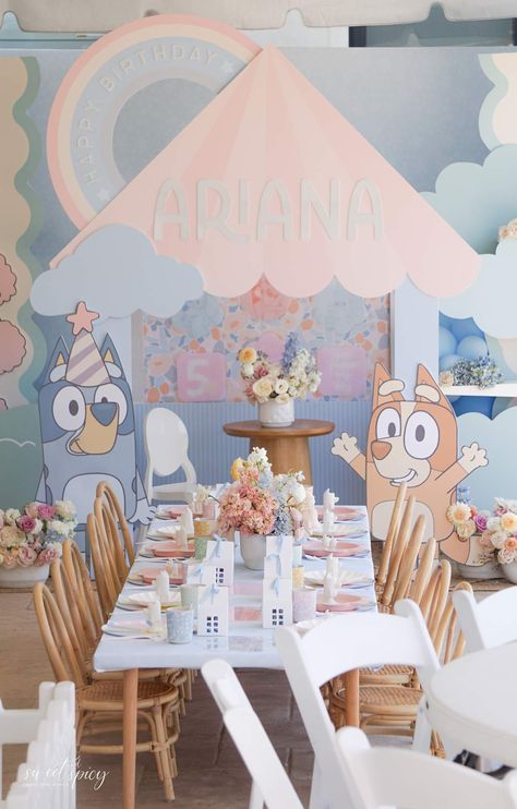 Bluey / Birthday "Bluey Birthday Party" | Catch My Party Bluey Birthday Party Decorations Girl, Bluey Toddler Birthday Party, Bluey Birthday Decor, Girl Bluey Birthday Party, Twoey Bluey Birthday, Bluey Girls Birthday Party, Vintage Tea Party Birthday, Fiesta Bluey, Bluey Birthday Party