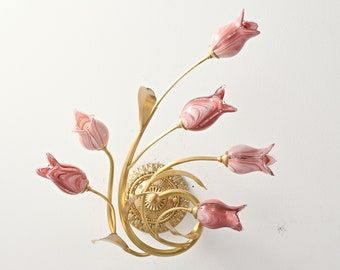 Flower Lamp Shade, Art Nouveau Lamps, Flower Lamp, Wall Lamps Bedroom, Tulip Flower, Pink Wall, Pink Tulips, Brass Wall, Glass Flowers