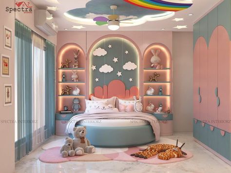 Pink And Blue Kids Bedroom, Blue And Pink Bedroom For Kids, Blue And Pink Girls Bedroom, Blue Girls Rooms, Clouds Pink, Luxury Kids Bedroom, Home Decor Apartment, White Bedroom Design, Kids Room Interior Design