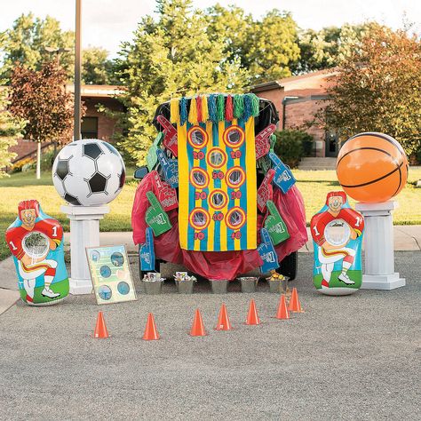 Sports+Trunk-or-Treat+Décor+Idea+-+OrientalTrading.com Sports Trunk Or Treat, Football Bean Bag, Trunk Or Treat Ideas, Mini Skateboard, Bean Bag Toss Game, Bag Toss Game, Bean Bag Toss, Giant Inflatable, Treat Ideas