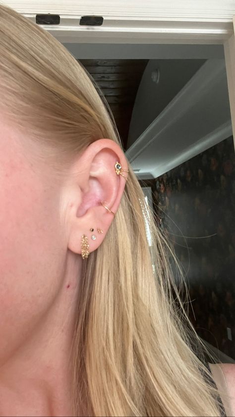 Ears Pirsing, Silver Ear Curation, Fully Pierced Ears, Double Mid Helix Piercing, Piercings Idea, Mid Helix Piercing, Double Helix Piercings, 2 Piercings, It Girl Summer