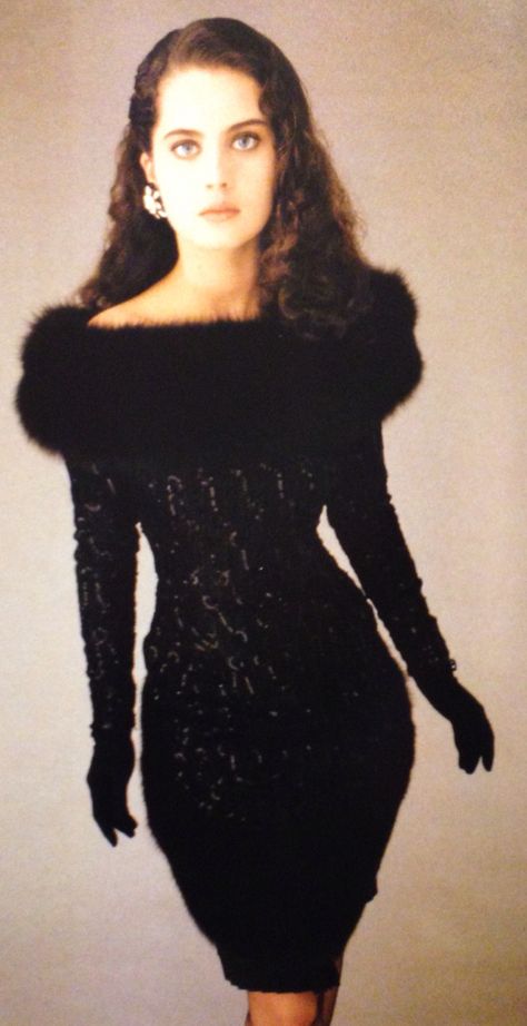 Serge Lepage- 1987 Black crepe long sleeve cocktail dress covered with lace paillettes (sequins) with a fox fur hem and apron neckline. L'Officiel No. 734- September 1987 90s Cocktail Dress, 80s Cocktail Dress, 1980s Cocktail Dresses, 80s Black Dress, Vintage Black Fur Coat For Fall, 1987 Fashion, Vintage Winter Fur Dress, 90s Runway Dresses Black, 1980 Dress