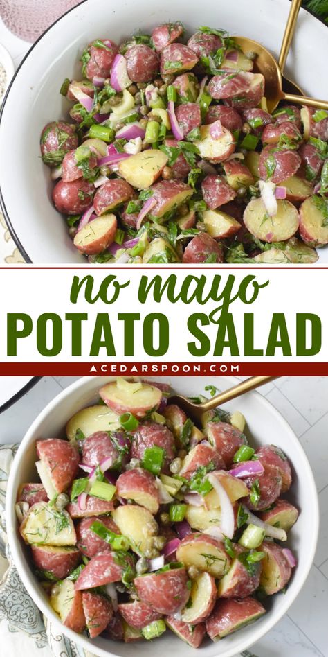 Make your Labor Day party a hit with this easy no mayo potato salad recipe! It's perfect for summer BBQs. This light and fresh dish is both tasty and simple to prepare. Enjoy a classic favorite easy Labor Day party food idea! No Mayo Potato Salad, Mayo Potato Salad, Nutritious Recipes, Quick Dinners, Salad Recipes For Dinner, Veggie Salad, Healthy Side, Best Side Dishes, Potatoe Salad Recipe