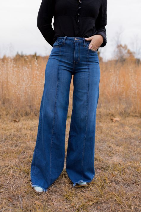 Front seam detailing high Waist Vintage Flare Wide Leg jeans inseam 34'  Has stretch Affordable Wide Leg Trendy Flares, Cheap Full Length Flare Jeans For Work, Cheap Denim Bottoms For Rodeo, Cheap Denim Flare Jeans For Work, Cheap Denim Flare Jeans For Fall, What To Wear With Bell Bottom Jeans For School, Cheap Trendy Wide Leg Flares, Cheap High Waist Flare Jeans For Fall, Affordable Western Style Bottoms With Pockets