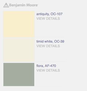 Soothing palette with "Antiquity" pale yellow gold, "Timid White" light neutral, & "Flora" gray slate blue paint colors from Benjamin Moore. Creamy Yellow Color Palette, Pale Yellow Cottage Exterior, Color Palette Pale Yellow, Benjamin Moore Pale Yellow Paint Colors, Light Yellow Interior Design, Pale Yellow Exterior House Colors, Light Yellow Palette, Pale Yellow Palette, Antique Yellow Paint