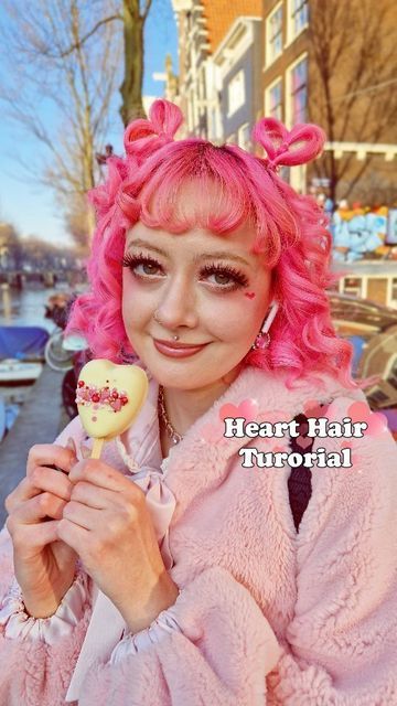 Lovecore Hairstyles, Cupid Hairstyle, Pride Day Outfits, Heart Shaped Hairstyles, Cupid Fashion, Cupid Oc, Kawaii Hairstyle, Low Bun Hair, Heart Hairstyle