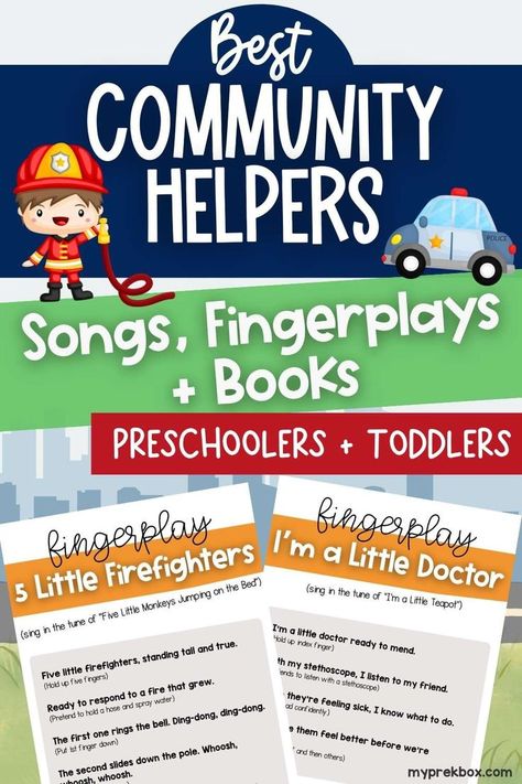 a fireman and a police car with community helpers-themed finger plays, songs, and box Community Helpers Songs For Toddlers, Fingerplays For Toddlers, Community Helpers Books, Community Helper Books, Community Helpers Police, Preschool Circle Time Songs, Preschool Community Helpers Theme, Community Helpers Activities, Community Helpers Preschool Activities