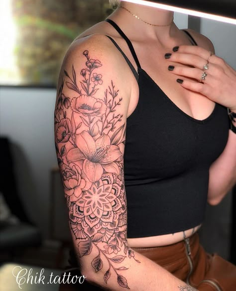 Trendy Arm Tattoo Ideas for Women Girly Sleeve Tattoo, Arm Tattoo Ideas For Women, Tattoos For Dad Memorial, Amazing 3d Tattoos, Floral Mandala Tattoo, Arm Sleeve Tattoos For Women, Quarter Sleeve Tattoos, Arm Tattoo Ideas, Feminine Tattoo Sleeves