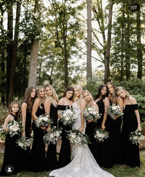 White Bridesmaid Dresses Black Wedding Dress, Wedding Party All Black Attire, Black Color Theme Wedding, Black Bridesmaid Dresses Outdoor Wedding, Black Entourage Wedding, White And Black Theme Wedding, Black Bridesmaid Dresses With Greenery, Black On Black Wedding Party, Bridal Party Wearing Black