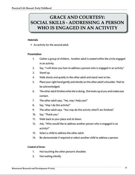 GRACE AND COURTESY: SOCIAL SKILLS - ADDRESSING A PERSON WHO IS ENGAGED IN AN ACTIVITY Grace And Courtesy Activities, Grace And Courtesy Lessons Montessori, Grace And Courtesy, Montessori Shelves, Montessori Teacher, Life Activities, Montessori Elementary, Practical Life Activities, Montessori Practical Life