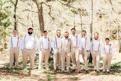 Khaki Pants and Suspenders Groomsmen Khakis And Suspenders, Wedding Khaki Pants, Kacki Pants Wedding Outfit Men, Khaki Pants With Suspenders Wedding, Groomsmen Khaki Pants Suspenders, Beige Groomsmen Suits Suspenders, Khaki Groom Attire, Groomsmen In Khaki Pants, Tan Pants With Suspenders Wedding