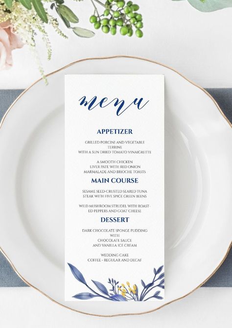 Blue Wedding Menu Printable Template, Dinner Menu Template, Edit yourself, DIY Wedding, Greenery, simple, Modern, Reception Diy Wedding Greenery, Free Printable Menu Template, Ice Cream Wedding, Dinner Menu Template, Free Printable Menu, Cream Wedding Cakes, Printable Menu Template, Menu Printable, Wedding Greenery