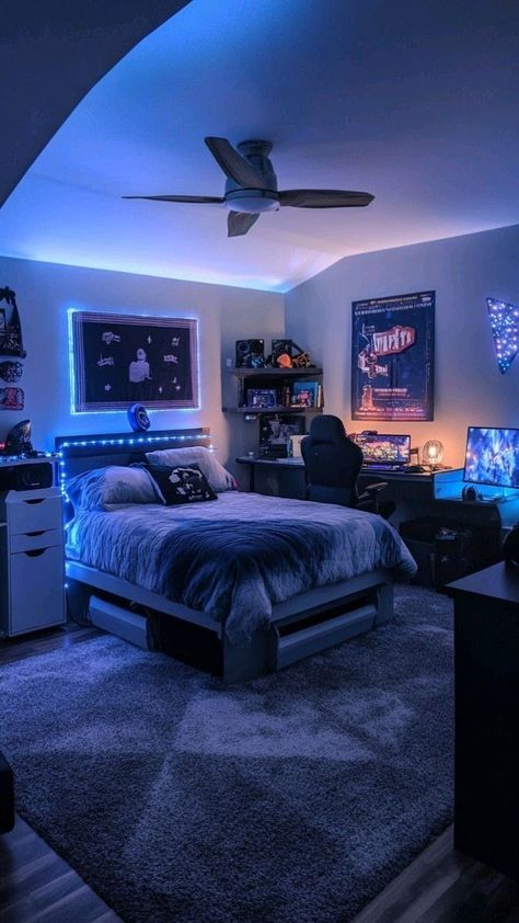 Bedroom Colors Small Room, Room Ideas For Two Brothers, Bedroom Decor Guys, Led Room Decor Ideas, Boy Room Ideas Teenagers Led Lights, Apartment Room Ideas Cozy, Cool Rooms For Teens, Cool Room Decor For Teens, Teen Bedroom Decor For Boys