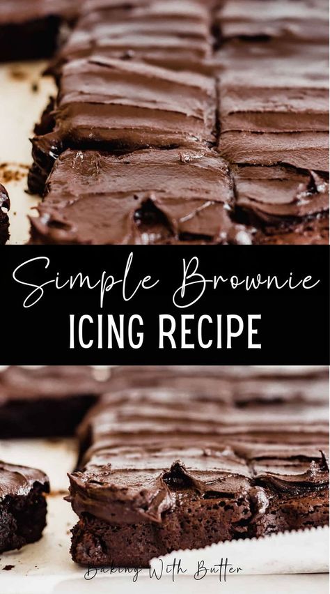 This is a rich chocolate brownie icing recipe made with simple pantry ingredients. Use it to top brownies for a perfect dessert. Brownies With Chocolate Frosting, Icing For Brownies Easy, Easy Chocolate Icing For Brownies, Homemade Chocolate Frosting For Brownies, Chocolate Drizzle For Brownies, Chocolate Brownie Icing, Brownie Icing Recipe, Brownie Frosting Recipe, Icing For Brownies