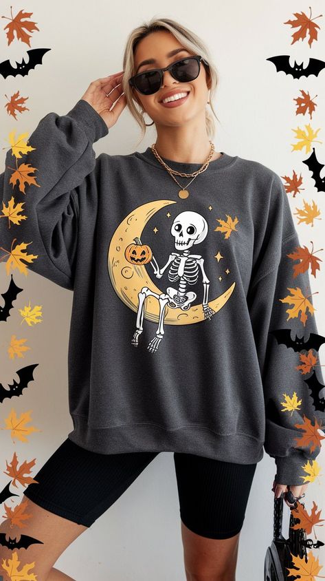 This Halloween, showcase your fun side with a skeleton-themed sweatshirt! Featuring sitting skeleton and a festive design, it's ideal for layering during those crisp autumn days. Style it with high-waisted ripped jeans for a chic yet comfortable look that’s perfect for any Halloween outing! Sitting Skeleton, High Waisted Ripped Jeans, Crisp Autumn, Trendy Halloween, Autumn Days, Halloween Outfit, Festive Design, Autumn Day, Halloween Outfits