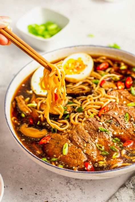 Beef Ramen Noodle Soup - Table for Two® by Julie Chiou Stove Top Ramen Recipes, Best Top Ramen Recipes, Ramen Noodles Soup, Dinner Ramen, Asian Ramen Soup, Beef Soup Noodle, Ramon Noodles Recipes Soup, Dinner Ideas Ramen, Soup Recipes Noodle