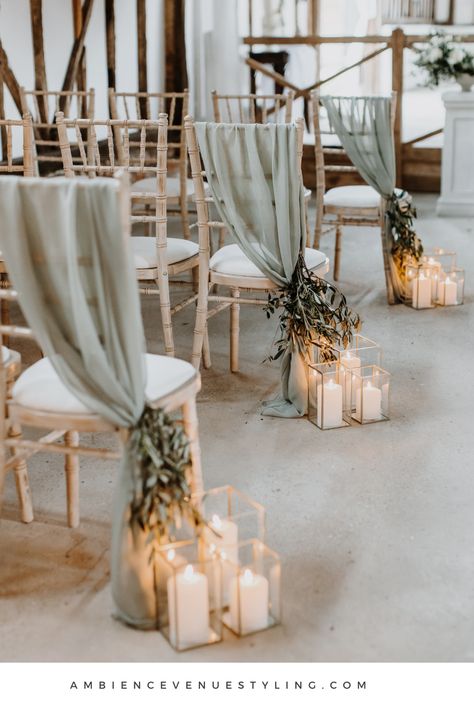 Italian romance like no other with this seductively elegant aisle style! Wedding ceremony styled at Home Farm Barns, Hampshire, UK. #stylemywedding #weddingdecor #italianinspired #elegantwedding #chairdecor Neutral Flowers Wedding Table, Moss Green And Taupe Wedding, Dusty Blue Sage Green And Ivory Wedding, Sage Green And Cream Wedding Theme, Simple Ceremony Aisle Decor, Wedding Isles Ideas Indoor, Plant Theme Wedding, Sage And White Wedding Theme, Wedding Floral Inspiration