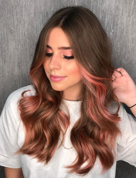 Blonde Hair Color With Pink, Brown Hair With Pink Highlights, Brown And Pink Hair, Dirty Blonde Hair Color, Pink Hair Highlights, Pink Balayage, Blonde Hair With Pink Highlights, Light Pink Hair, Pink Blonde Hair